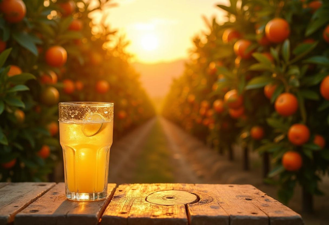 Bio-Orangen-Plantage mit frischer Limonade im Sonnenuntergang