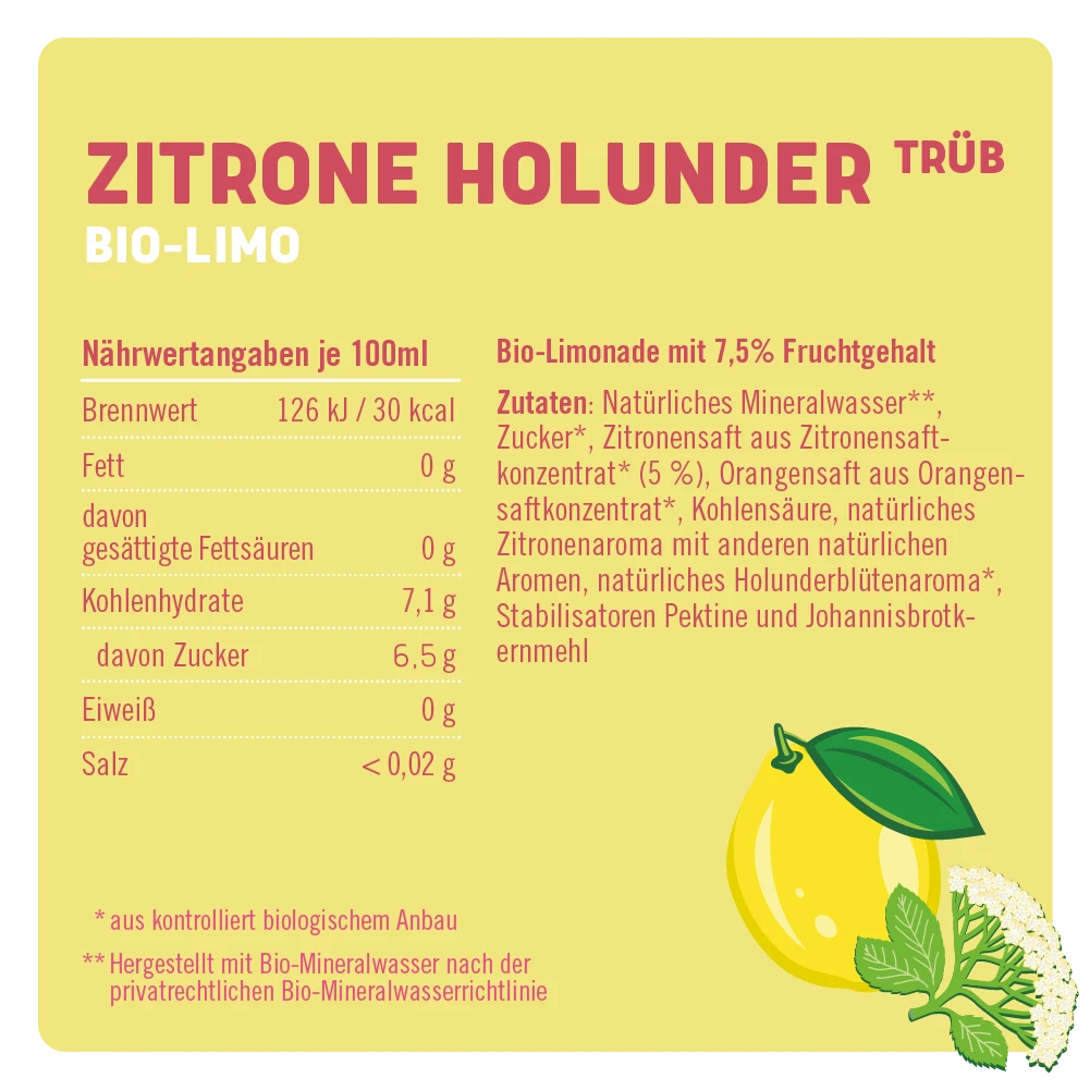 Bio-Limo Zitrone-Holunder 6 x 0,75l